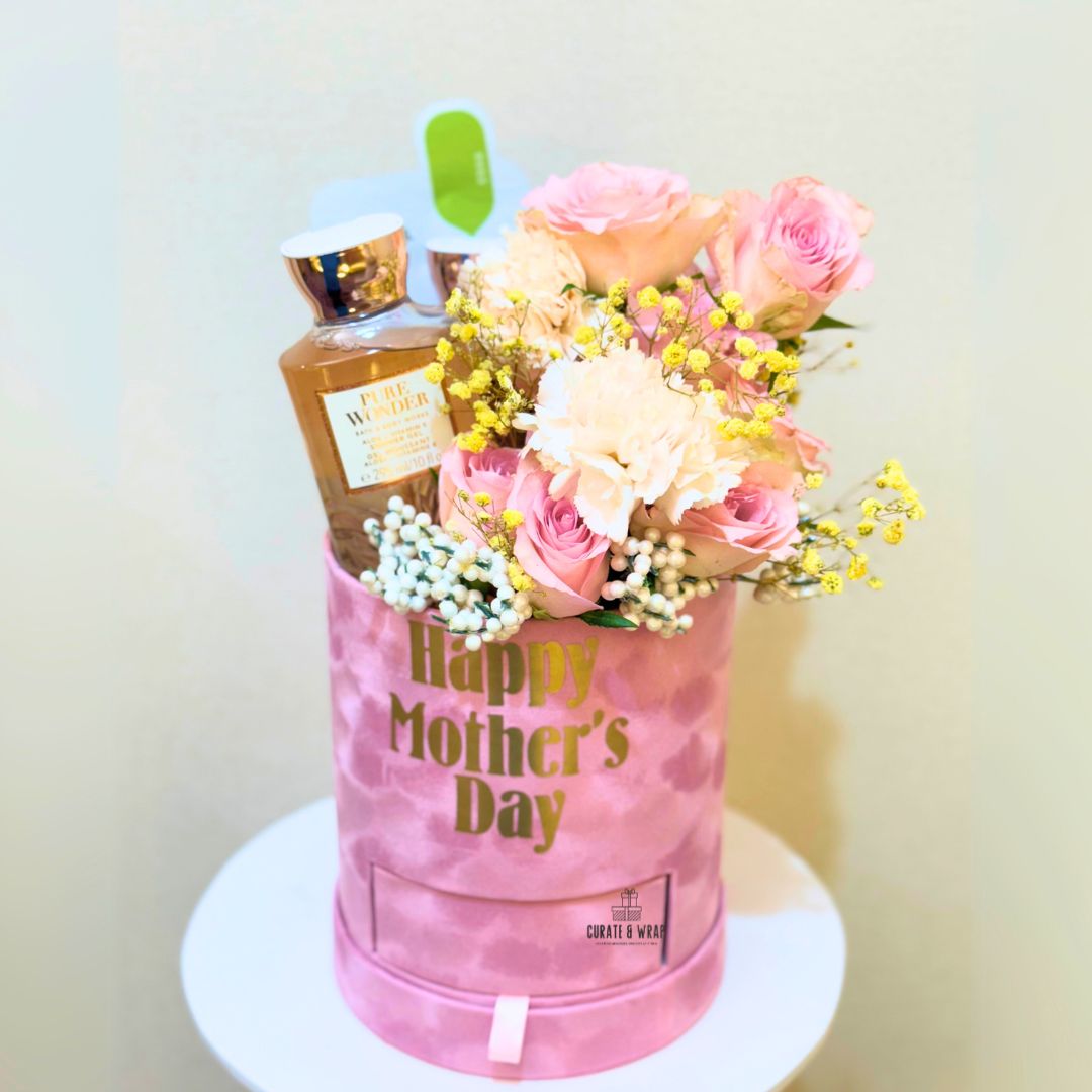 Luxury Mother's Day hamper with fresh flowers in Dubai by Curate and Wrap