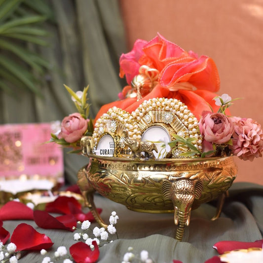 Elephant Brass Urli Hamper with premium dry fruits, brass urli, and tea lights – Curate and Wrap Dubai