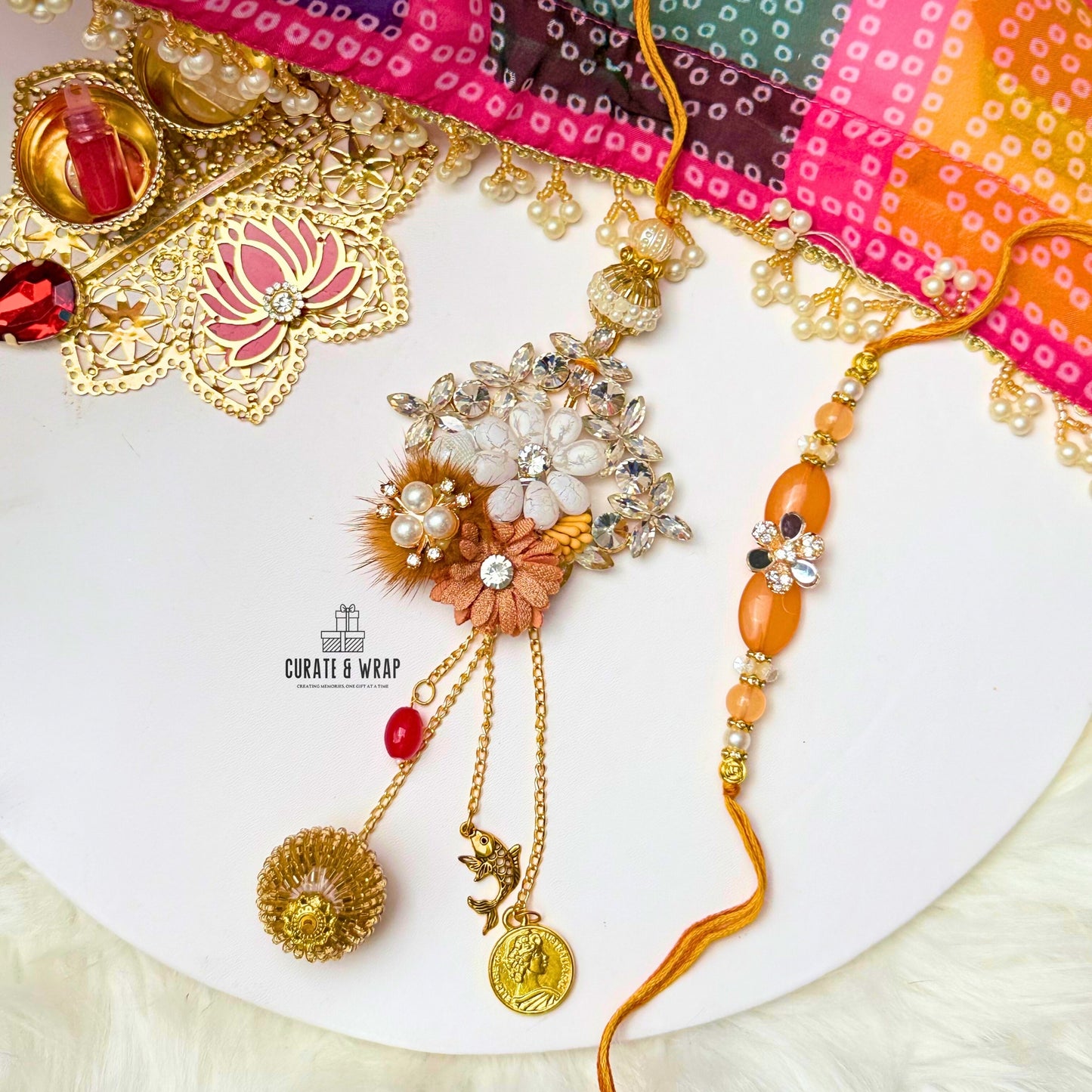 Product Code: BB011 - Pearl & Stone Rust Rakhi Set
