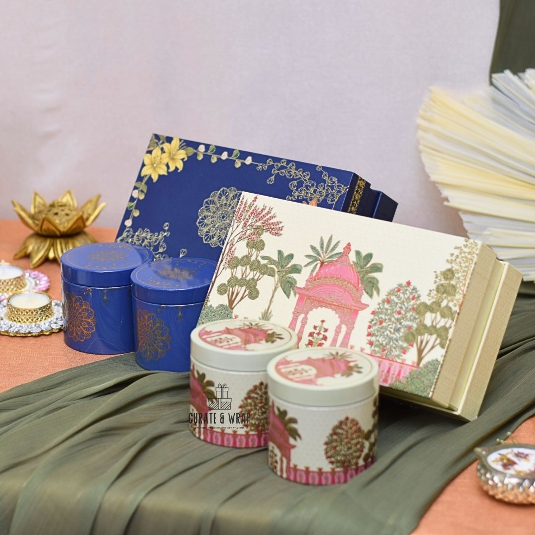 Royal Blue & Beige Box – Gold Foiled Luxury Diwali Hampers with 2 Jars of Gourmet Nuts by Curate and Wrap Dubai