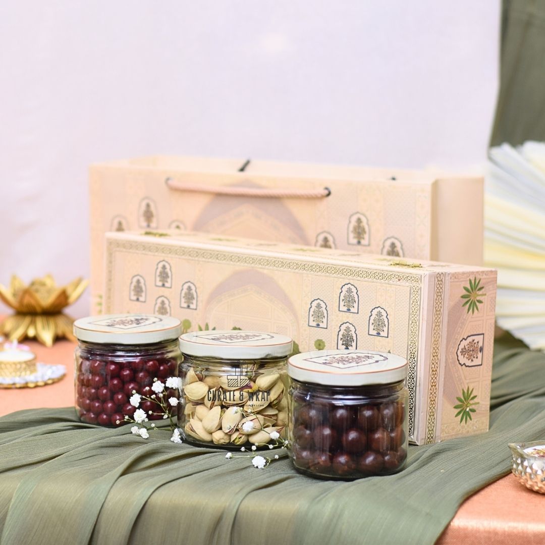 Premium Wooden Box Hamper – Luxury Diwali Gift with 3 Glass Jars of Gourmet Nuts & Chocolates in Gold-Foiled MDF Box by Curate and Wrap Dubai