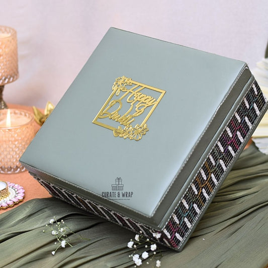 Olive Green Suede Box Hamper with assorted brownies, M&S chocolates, gourmet nuts, and Karak spice tea – luxury personal, corporate & family gift in Dubai