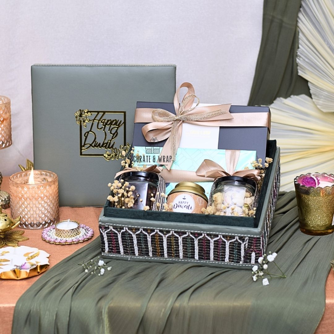 Olive Green Suede Box Hamper with assorted brownies, M&S chocolates, gourmet nuts, and Karak spice tea – luxury personal, corporate & family gift in Dubai