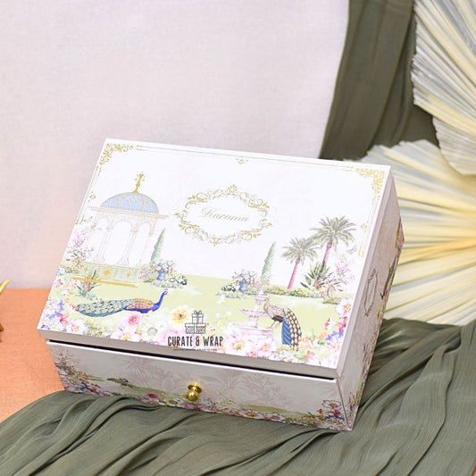 Royal Peacock Box Hamper with gold-foiled box, 4 glass jars, 12 premium chocolates & matching carry bag – luxury personal, corporate & family gift in Dubai