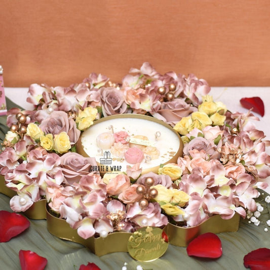 Lotus Urli Hamper – 18 inch decorative Diwali urli with soy wax candle and fresh flower decor by Curate and Wrap Dubai