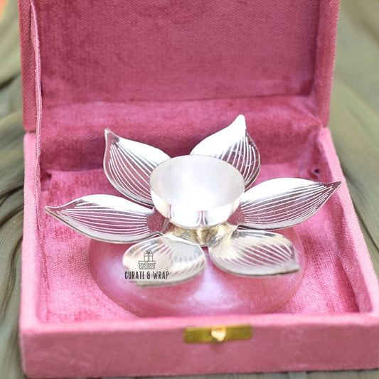 German Silver Diya with Resin Base in Suede Box – Luxury Diwali Gift Dubai by Curate and Wrap