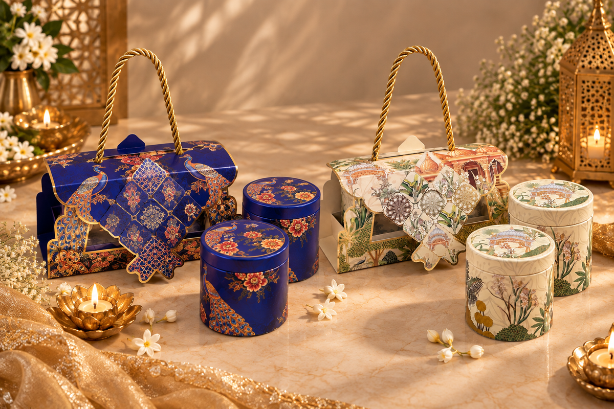Peacock Mini Diwali Hamper – 2 Premium Tin Jars with Choice of Nuts