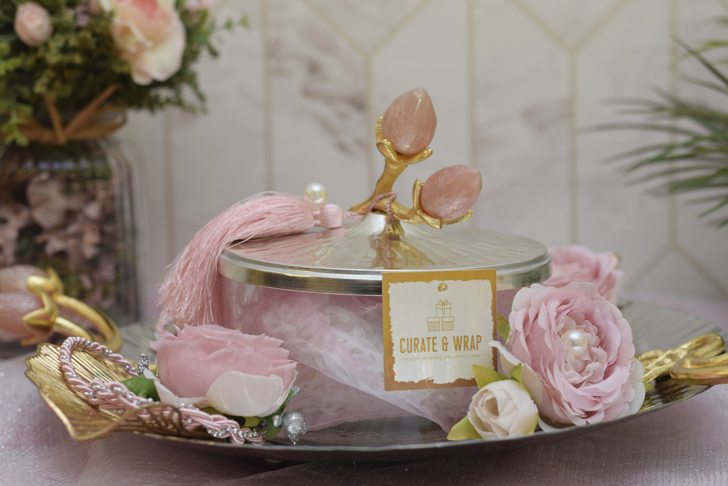 Flowers and Bloom Tray Set Hamper - Elegant floral gifting hamper by Curate and Wrap, Dubai