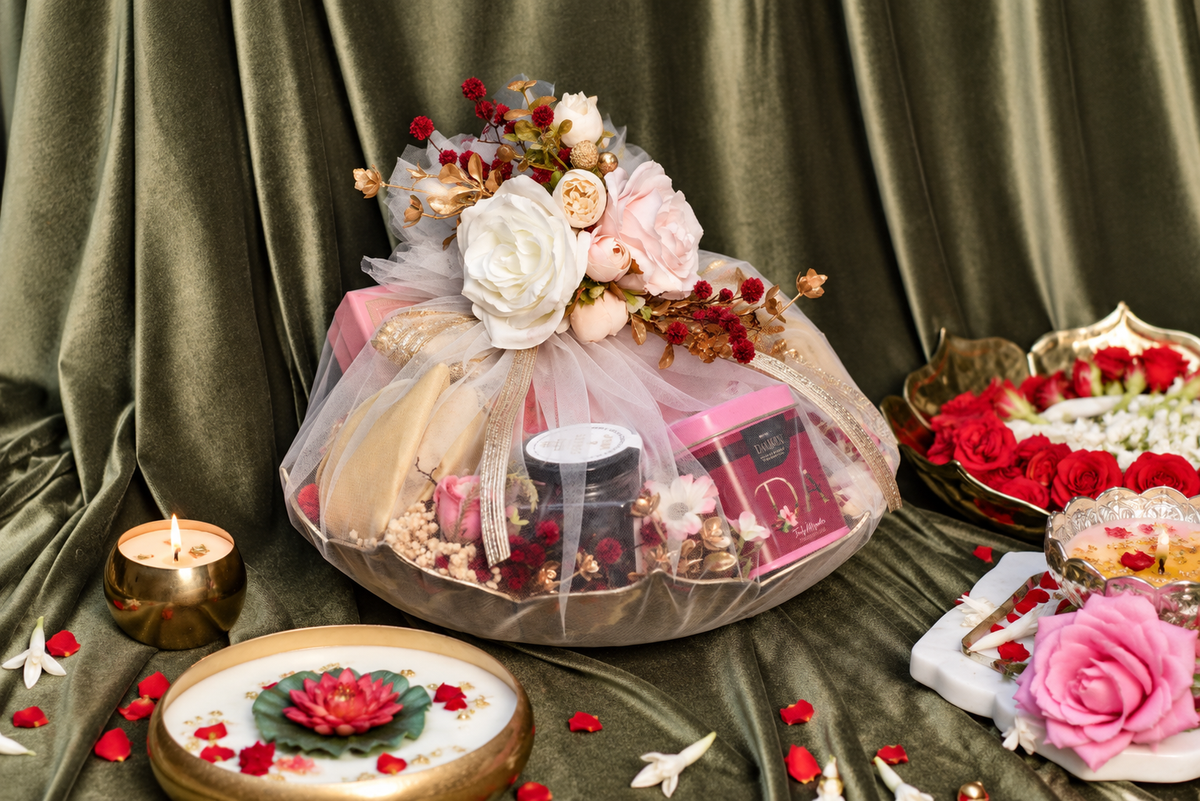 Premium Diwali gift hamper with Paan Shots gourmet nuts mithai and Masala Tea