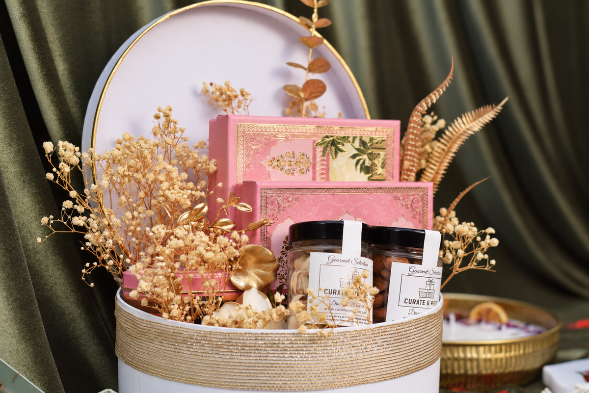 Premium Diwali gift hamper with gourmet nut jars vegan brownies chocolates and tea
