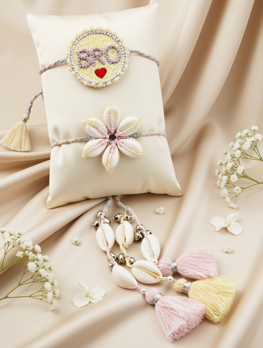 A decorative Rakhi-style wristlet displayed on a cream satin pillow with matching tassel and shell charms, surrounded by small white flowers on draped beige fabric.