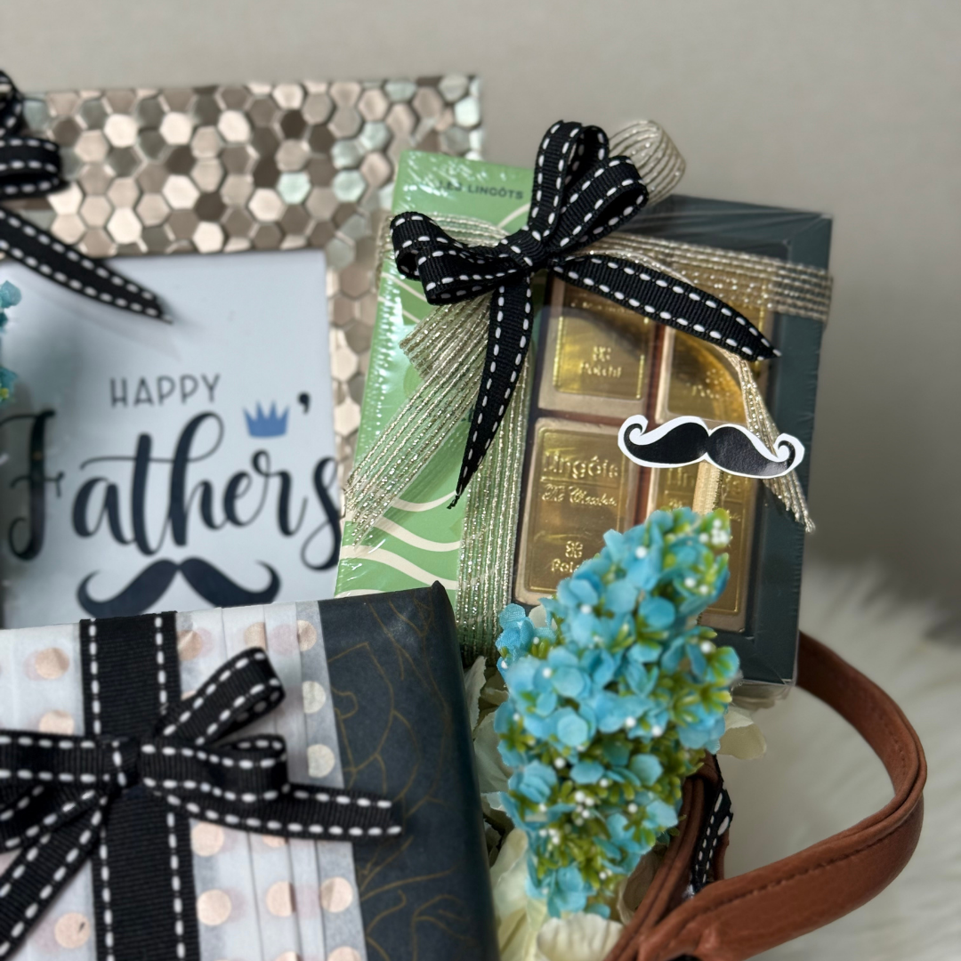 "Father’s Day gift hamper with Patchi chocolates, Versace perfume, and photo frame – Curate and Wrap Dubai"