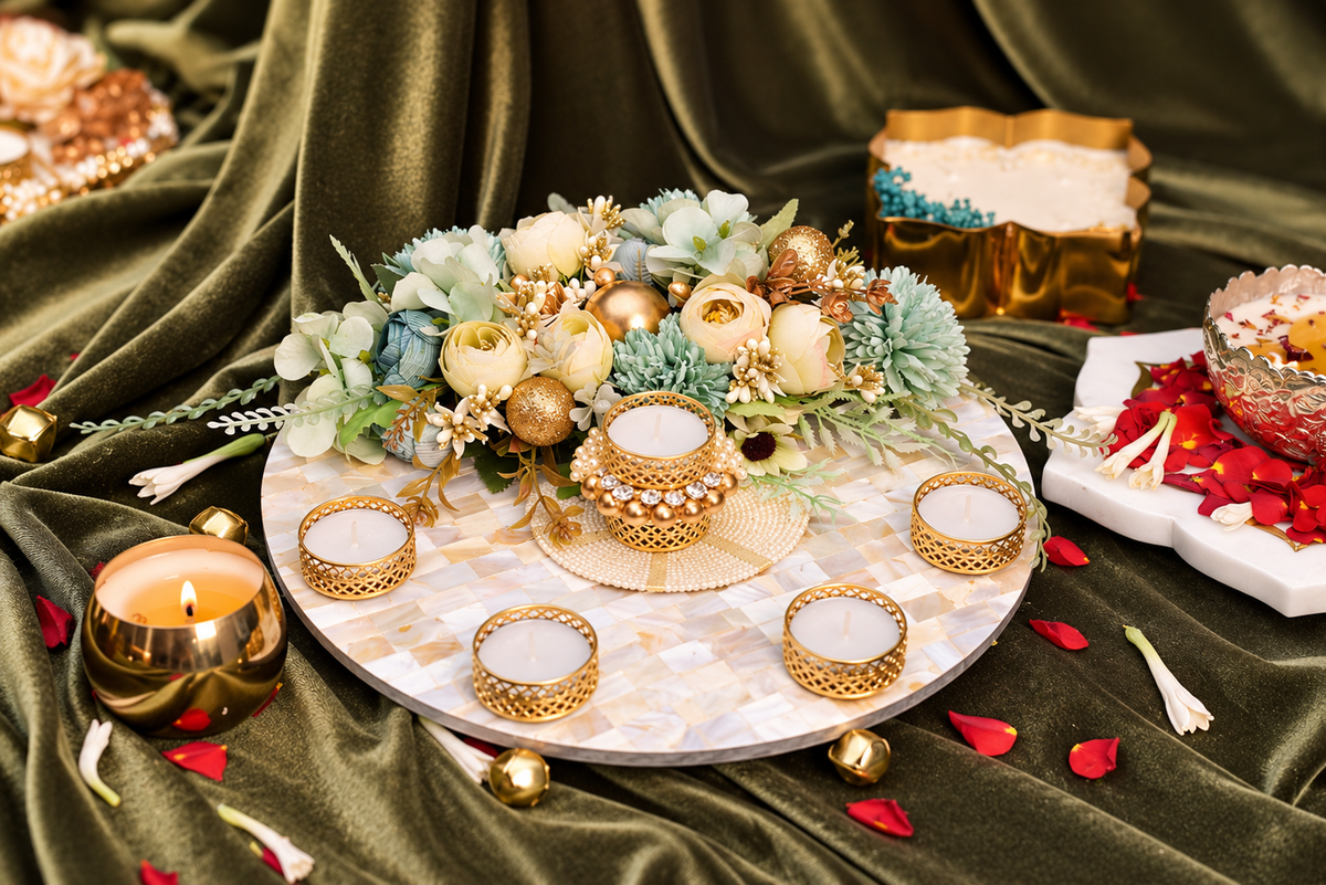 Luxury Mother of Pearl Diwali table centrepiece with tea light holders