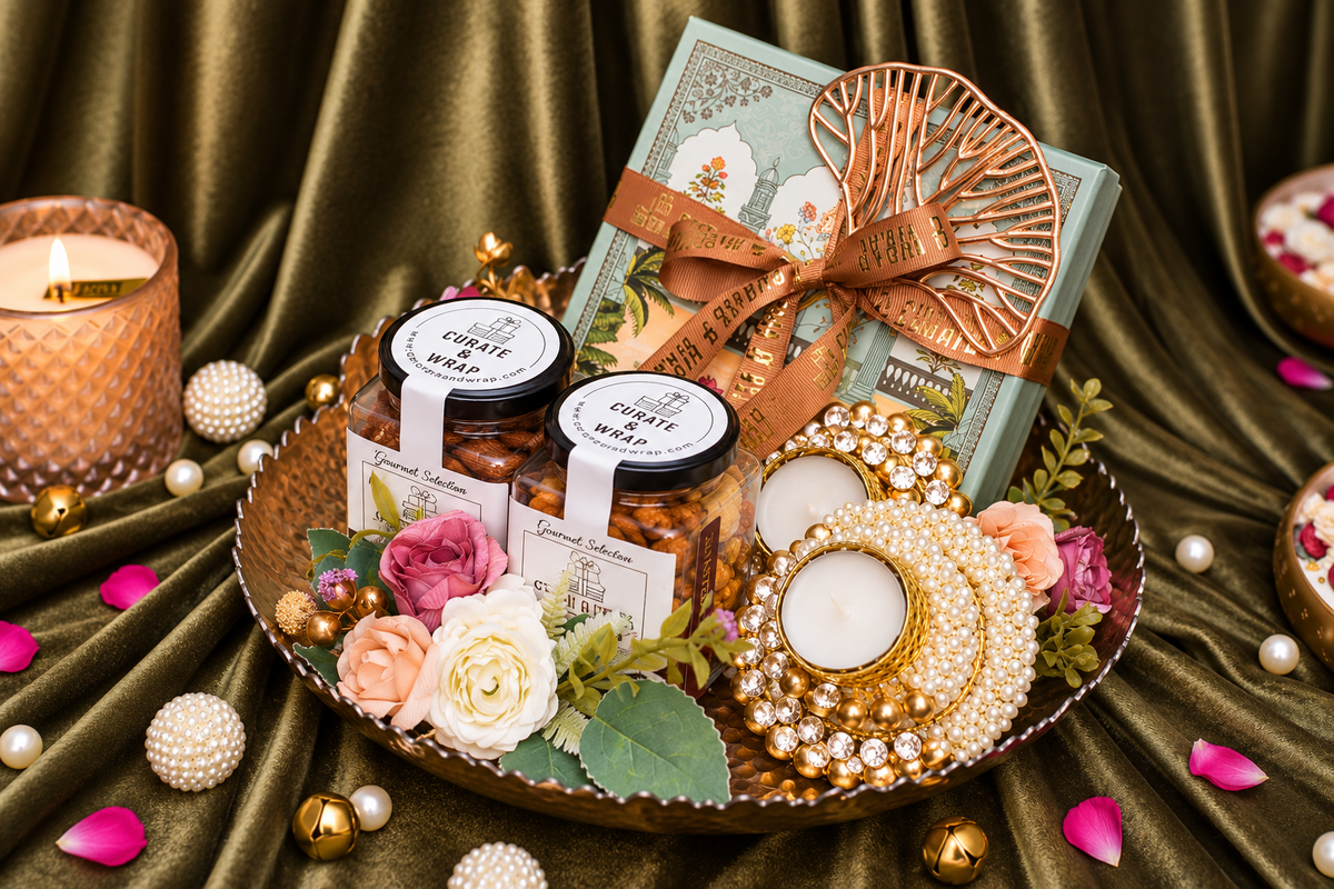 The Utsav Edit luxury Diwali gift hamper on silver aluminium tray