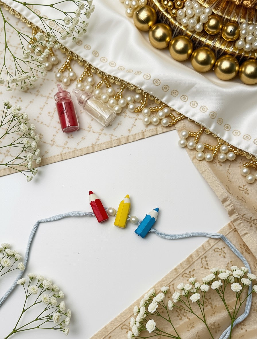 A styled flat-lay featuring a light blue cord bracelet with three miniature lipstick-shaped charms in red, yellow, and blue. The background is decorated with white satin, gold beads, pearl strands, and white baby's breath flowers.