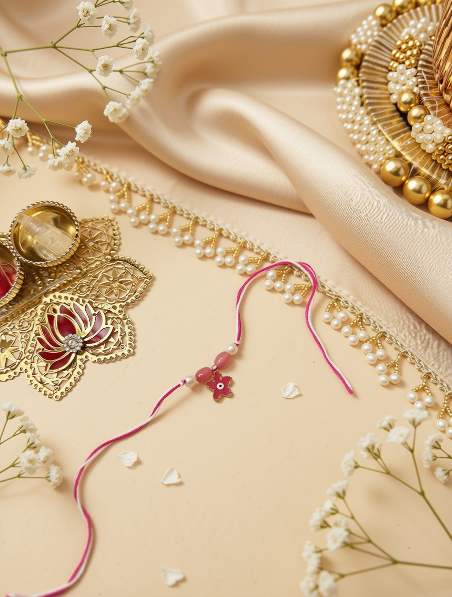 A pink Rakhi with a small red flower charm and white beads, laid out on a beige satin fabric alongside gold foil borders, pearl trim, and baby's breath flowers.