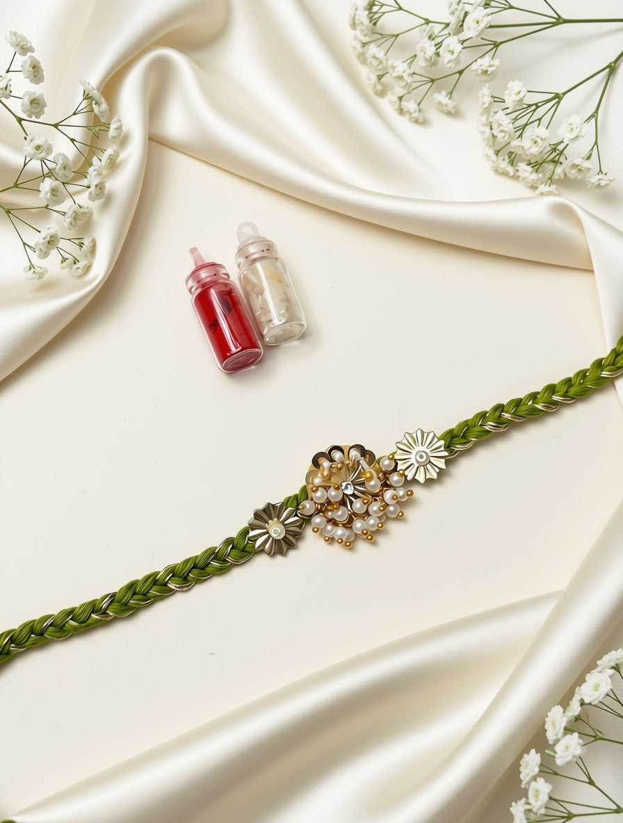 A green braided bracelet with a central floral charm featuring gold, silver, and white elements, styled on a cream satin background with small decorative bottles and baby's breath flowers.