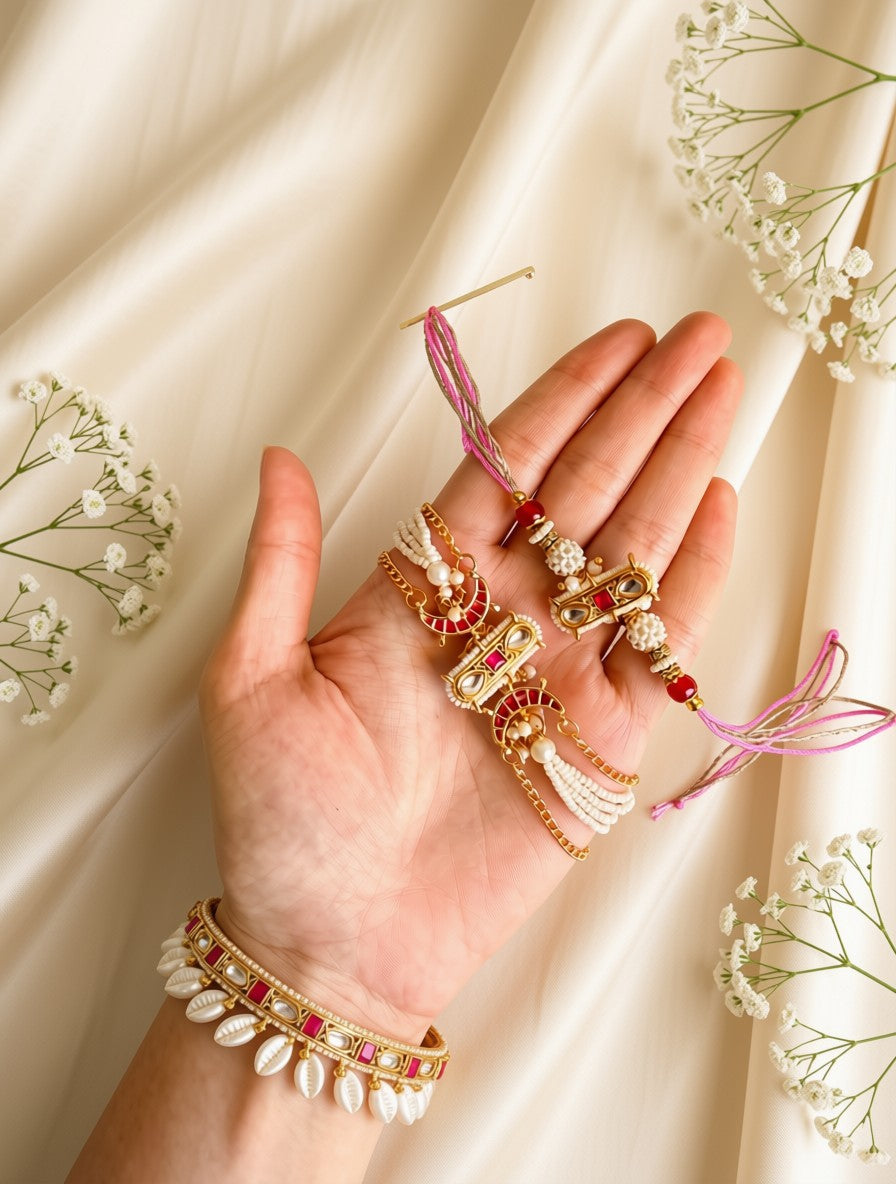 A hand wearing a gold-plated bangle decorated with white pearls and red stones, holding several delicate gold-plated Rakhi bracelets with red beads, white pearls, and pink threads, set against a draped cream satin fabric with baby's breath flowers.