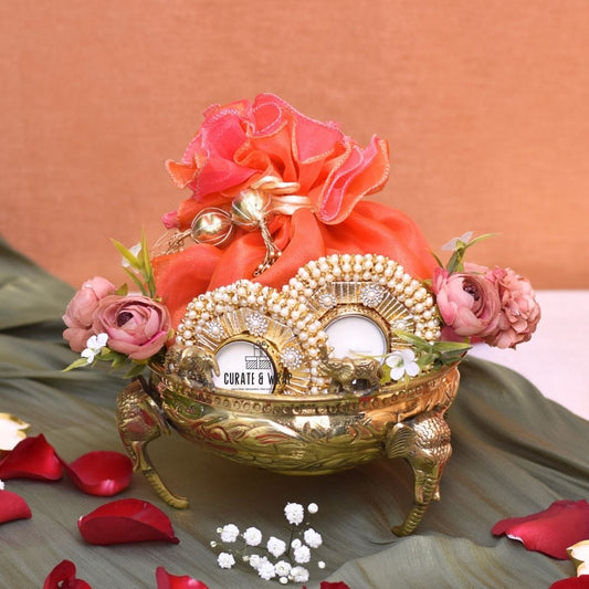 Elephant Brass Urli Hamper with premium dry fruits, brass urli, and tea lights – Curate and Wrap Dubai