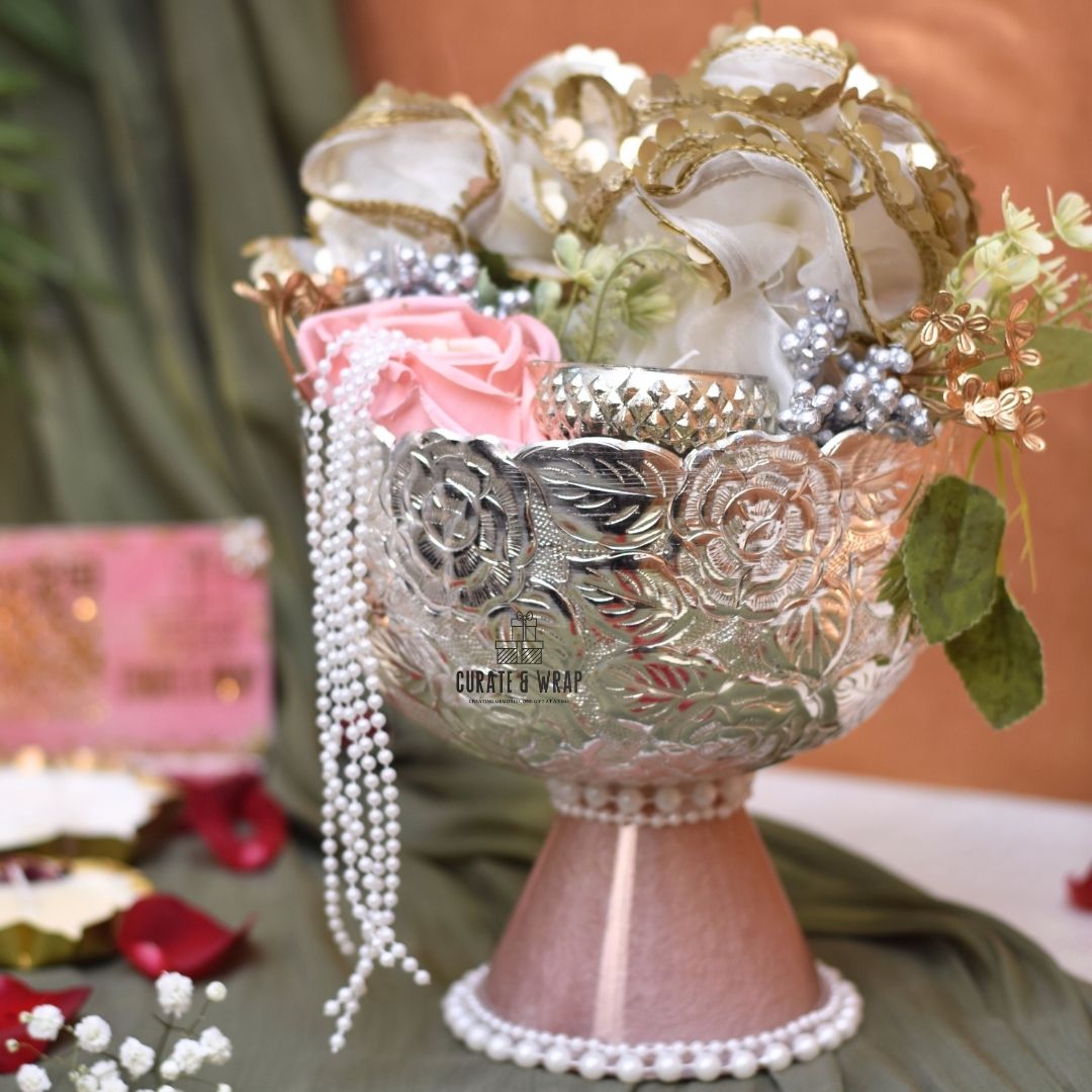 German silver Urli bowl with stand, soy wax glass diyas, and premium potlis with dry fruits or chocolates – Curate and Wrap Dubai