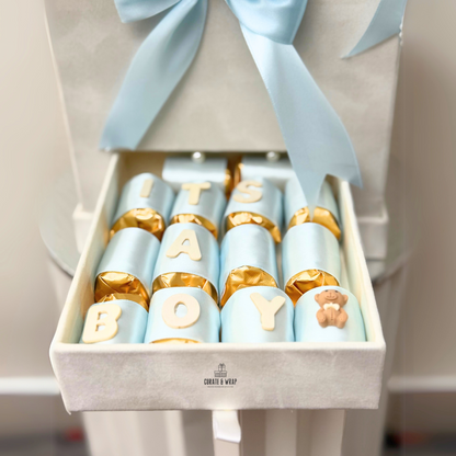 baby boy hamper, hospital visit gift, baby announcement UAE, luxury baby gift, Curate and Wrap, welcome baby hamper, Dubai baby gift box
