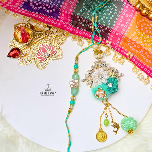 Product Code: BB012 - Pearl & Stone Green Rakhi Set