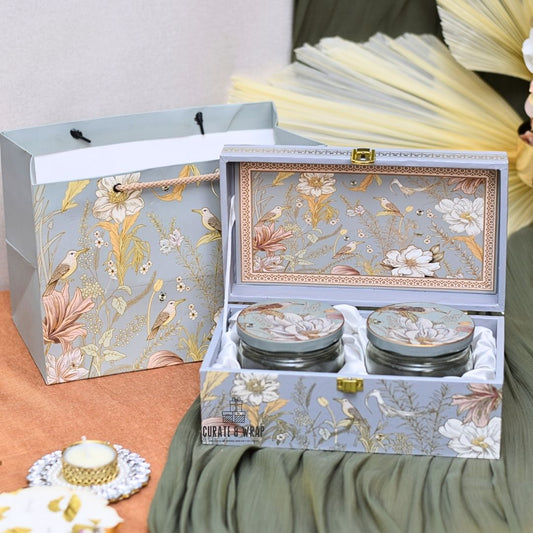 Premium Gold Foiled MDF Box – Luxury Diwali Hamper with 2 Glass Jars of Gourmet Nuts and Matching Bag by Curate and Wrap Dubai