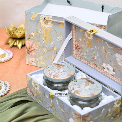 Premium Gold Foiled MDF Box – Luxury Diwali Hamper with 2 Glass Jars of Gourmet Nuts and Matching Bag by Curate and Wrap Dubai