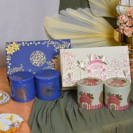 Royal Blue & Beige Box – Gold Foiled Luxury Diwali Hampers with 2 Jars of Gourmet Nuts by Curate and Wrap Dubai