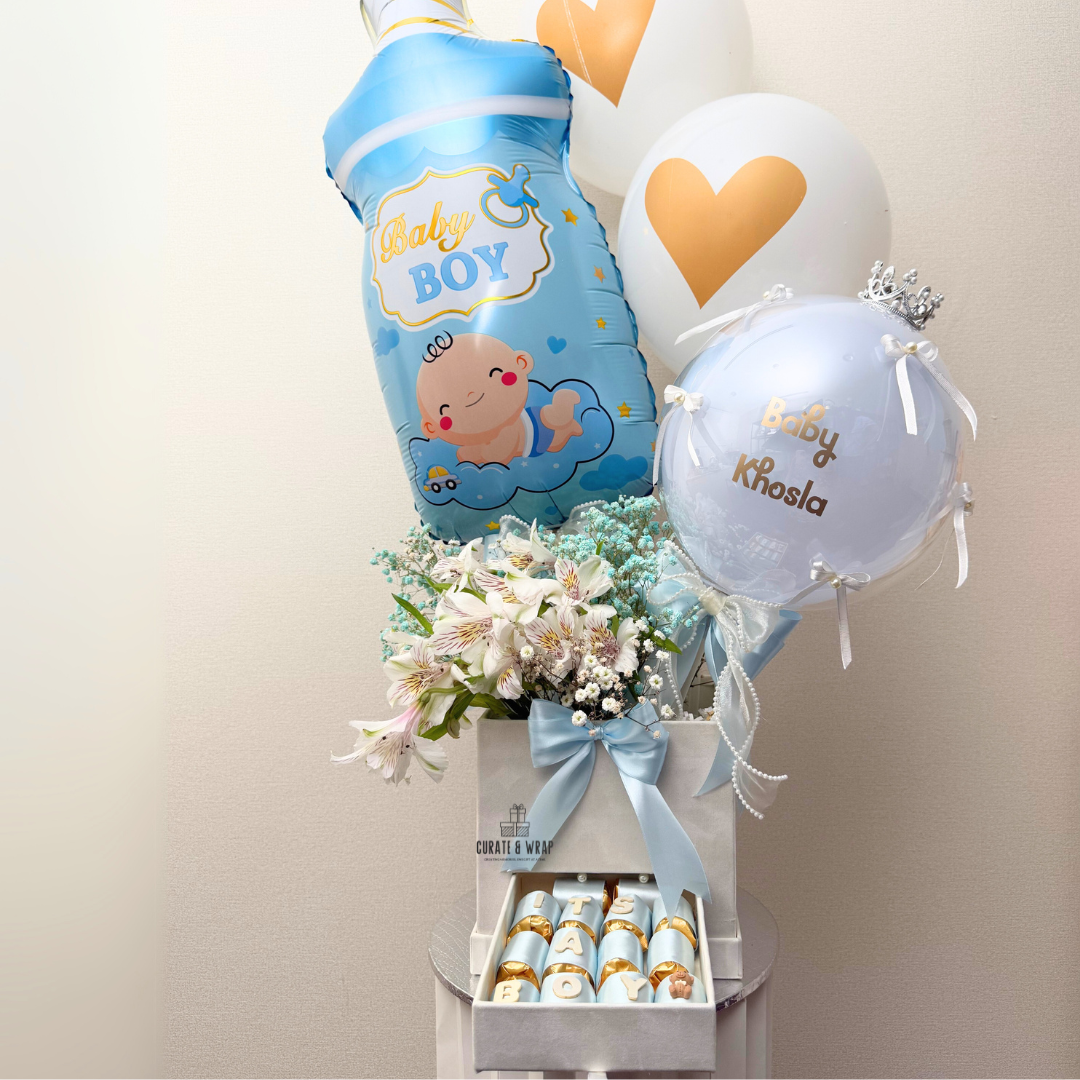 baby boy hamper, hospital visit gift, baby announcement UAE, luxury baby gift, Curate and Wrap, welcome baby hamper, Dubai baby gift box