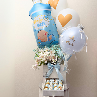 baby boy hamper, hospital visit gift, baby announcement UAE, luxury baby gift, Curate and Wrap, welcome baby hamper, Dubai baby gift box