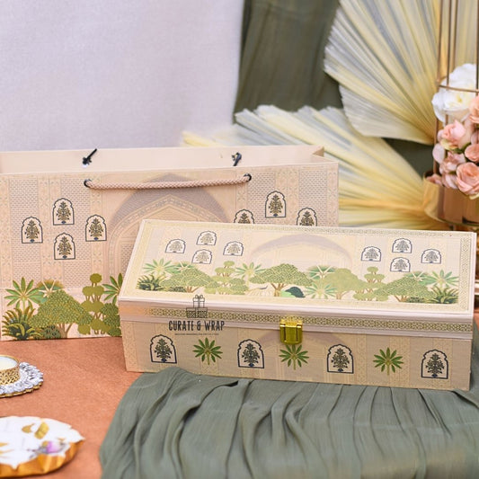 Premium Wooden Box Hamper – Luxury Diwali Gift with 3 Glass Jars of Gourmet Nuts & Chocolates in Gold-Foiled MDF Box by Curate and Wrap Dubai