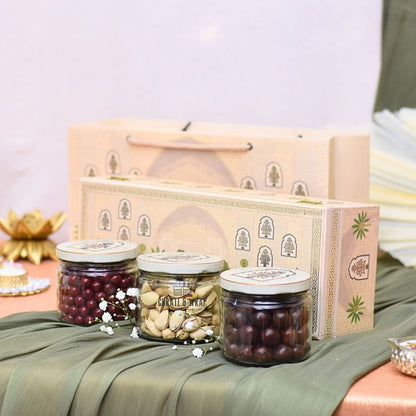 Premium Wooden Box Hamper – Luxury Diwali Gift with 3 Glass Jars of Gourmet Nuts & Chocolates in Gold-Foiled MDF Box by Curate and Wrap Dubai