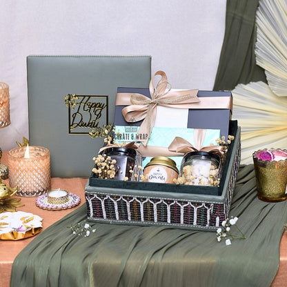 Olive Green Suede Box Hamper with assorted brownies, M&S chocolates, gourmet nuts, and Karak spice tea – luxury personal, corporate & family gift in Dubai
