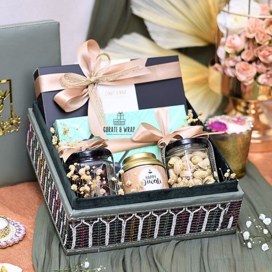 Olive Green Suede Box Hamper with assorted brownies, M&S chocolates, gourmet nuts, and Karak spice tea – luxury personal, corporate & family gift in Dubai