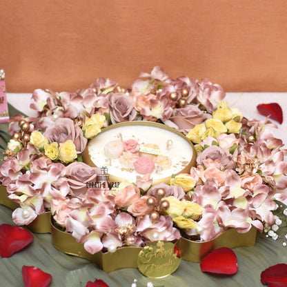 Lotus Urli Hamper – 18 inch decorative Diwali urli with soy wax candle and fresh flower decor by Curate and Wrap Dubai