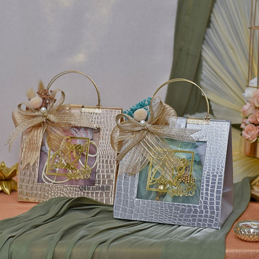 Rose Gold & Silver Bag Hampers – Leatherette Luxury Diwali Hampers with 2 Glass Jars of Gourmet Nuts Wrapped in Potlis by Curate and Wrap Dubai