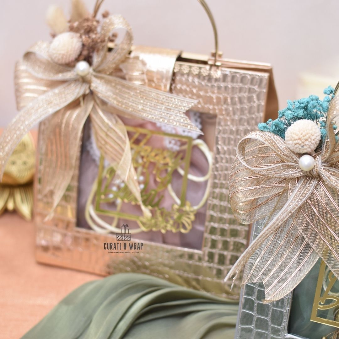 Rose Gold & Silver Bag Hampers – Leatherette Luxury Diwali Hampers with 2 Glass Jars of Gourmet Nuts Wrapped in Potlis by Curate and Wrap Dubai