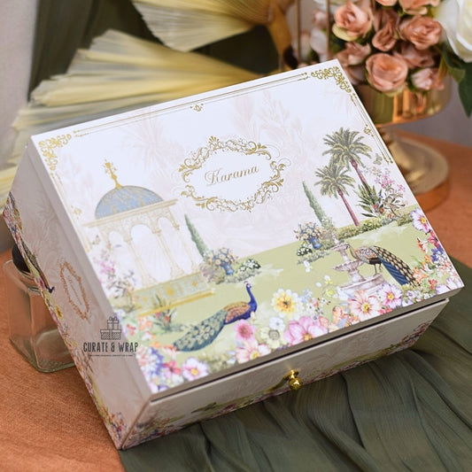 Royal Peacock Box Hamper with gold-foiled box, 4 glass jars, 12 premium chocolates & matching carry bag – luxury personal, corporate & family gift in Dubai