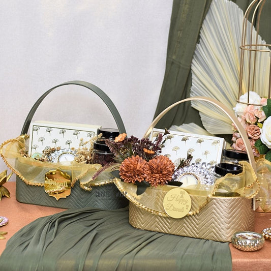 Festive Aura Basket in olive green and golden with assorted brownies, tea lights, and gourmet nuts – luxury personal, corporate & family Diwali gift in Dubai