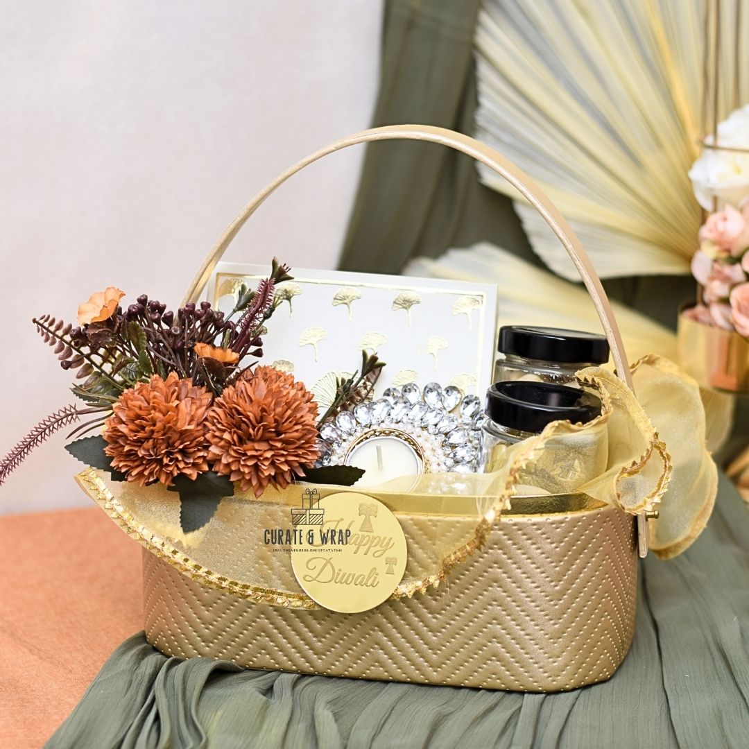 Festive Aura Basket in olive green and golden with assorted brownies, tea lights, and gourmet nuts – luxury personal, corporate & family Diwali gift in Dubai