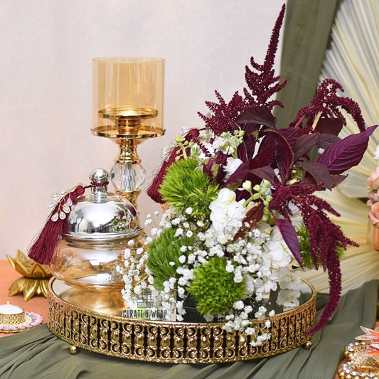 Grandeur Tray with metal cake platter, 2 glass jars of nuts/chocolates, pillar candle holder & fresh flowers – luxury personal, corporate & family gift in Dubai & UAE