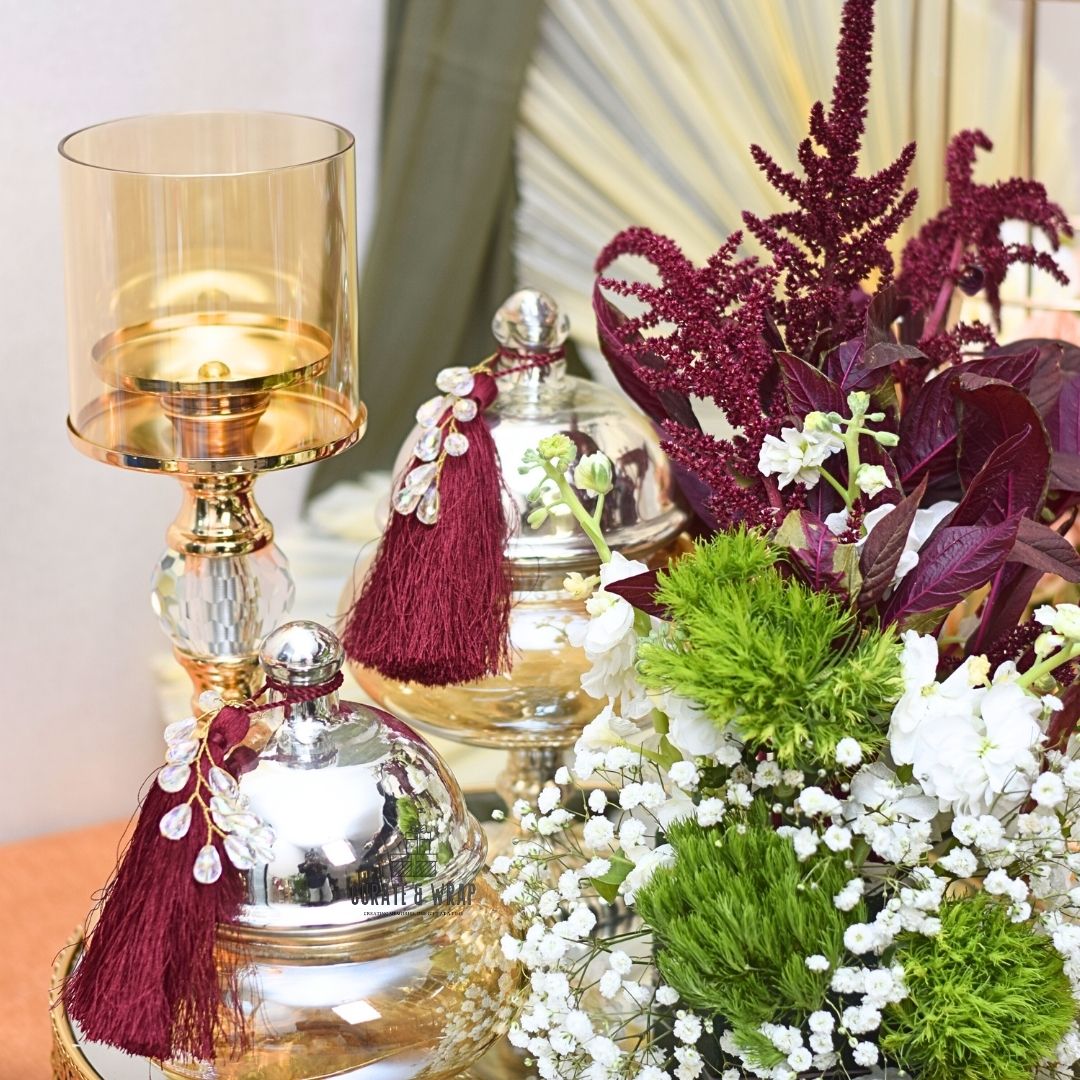 Grandeur Tray with metal cake platter, 2 glass jars of nuts/chocolates, pillar candle holder & fresh flowers – luxury personal, corporate & family gift in Dubai & UAE