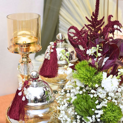 Grandeur Tray with metal cake platter, 2 glass jars of nuts/chocolates, pillar candle holder & fresh flowers – luxury personal, corporate & family gift in Dubai & UAE
