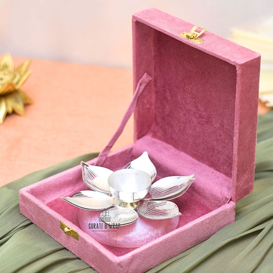 German Silver Diya with Resin Base in Suede Box – Luxury Diwali Gift Dubai by Curate and Wrap