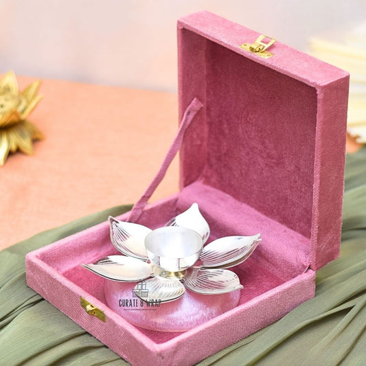 German Silver Diya with Resin Base in Suede Box – Luxury Diwali Gift Dubai by Curate and Wrap