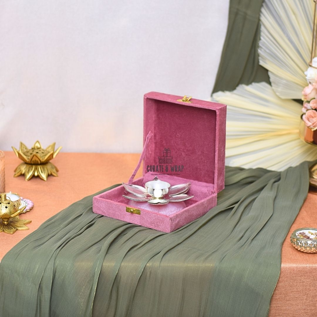 German Silver Diya with Resin Base in Suede Box – Luxury Diwali Gift Dubai by Curate and Wrap