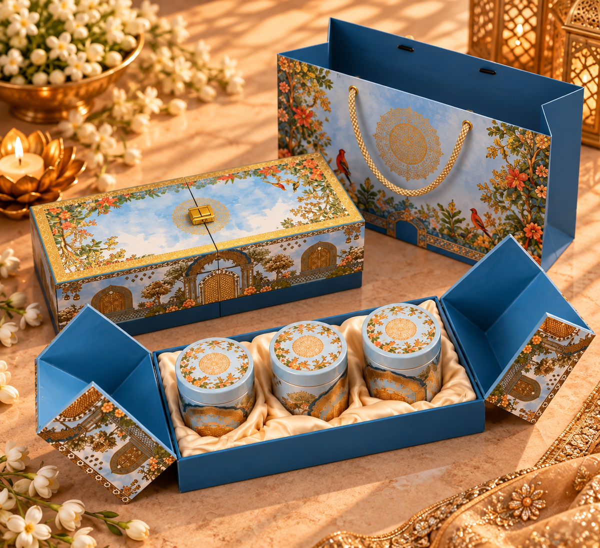 Premium Blue Heritage Diwali gift box with matching gift bag and three gourmet jars
