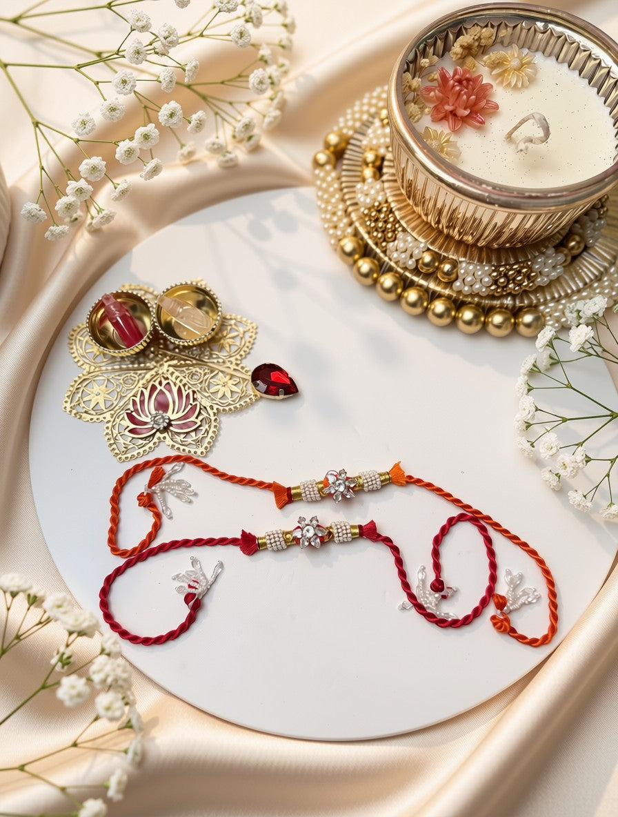 A styled flat-lay of red and gold thread Rakhi bracelets on a white round plate, surrounded by white baby's breath flowers and a gold-toned decorative candle holder on a beige satin background.