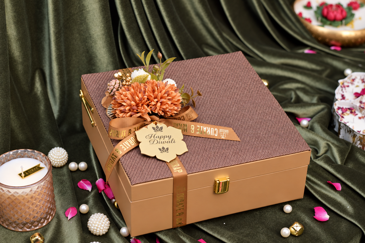 The Mocha Luxe leatherette Diwali gift hamper with textured fabric lid
